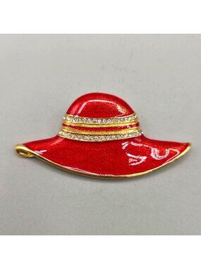 Vintage Red Hat Society Brooch Pin Red Enamel Rhinestone Gold Tone 2"